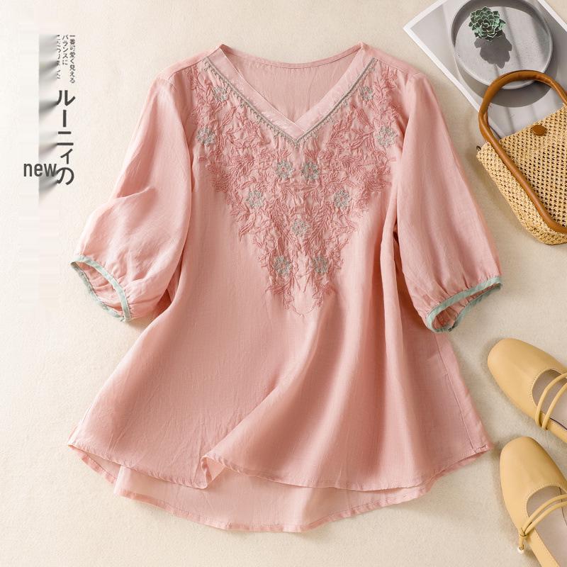 2025 Women's Summer Cotton Linen Embroidered V-Neck Loose Retro Pullover Shirt