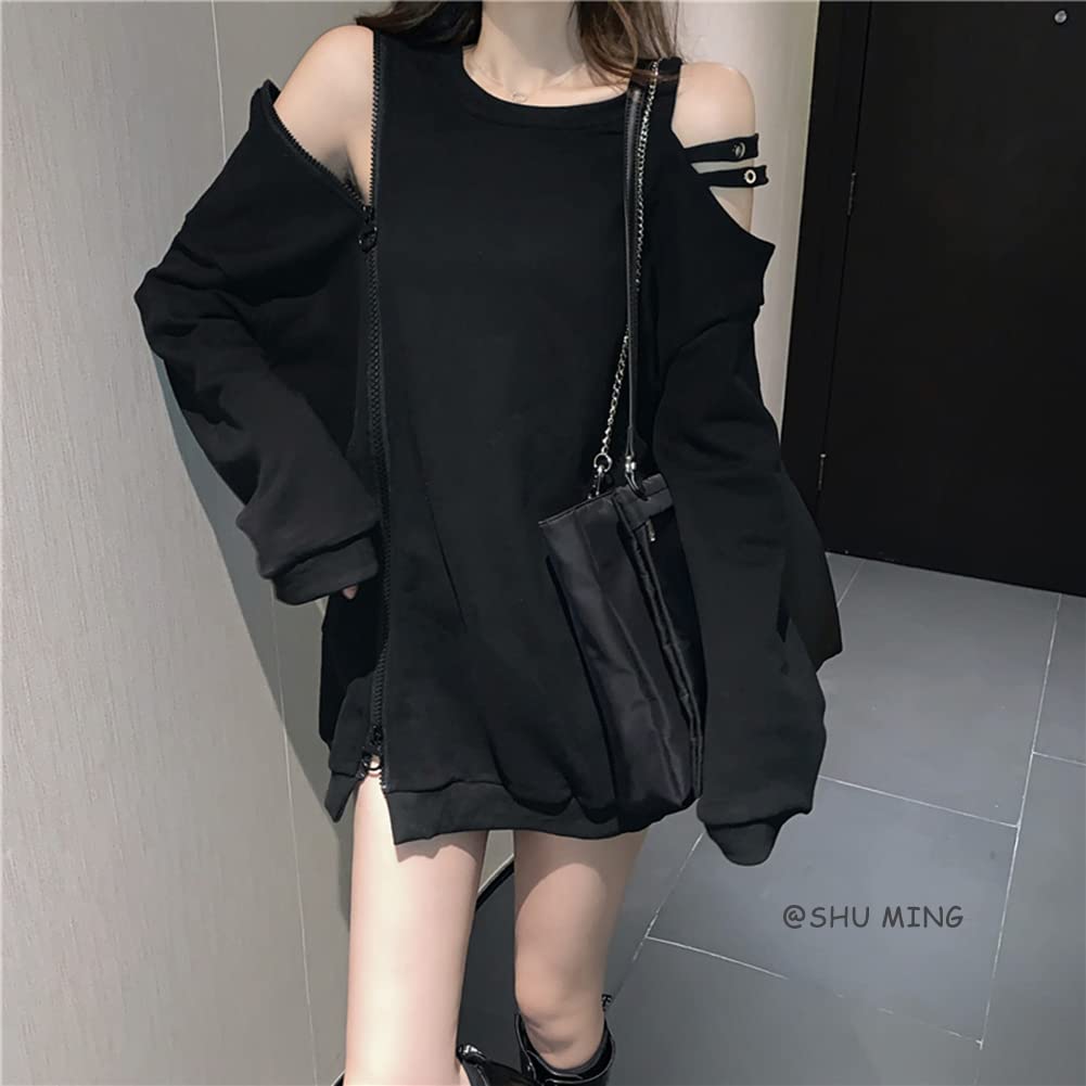 ShuMing Long Sleeve Loose Street Korean Pullover Women's Hoodie, Off-the-Shoulder, Fit, Simple, Black, Style, Style, Stylish, (Free Size, Black)