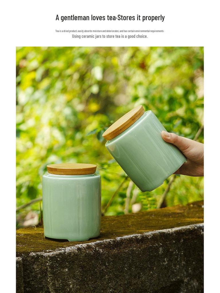 Creative Green Tea Ceramic Canister with Fresh Cloth Bag for Longjing, Maojian, Biluochun, Gyokuro - Empty Gift Packaging Box.