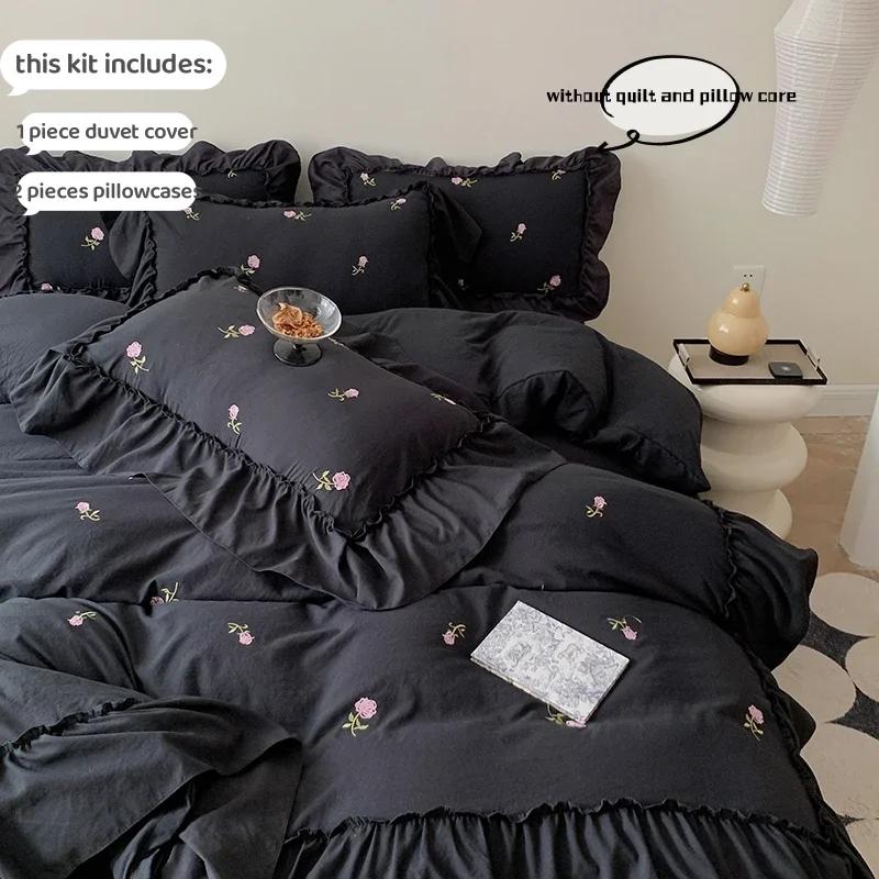 

3pcs Rose Embroidered Duvet Cover Set (1*Duvet Cover + 2*Pillowcase, Without Core), Princess Style Lace Bedding Set 1.2m bed 3pcs&set чорний
