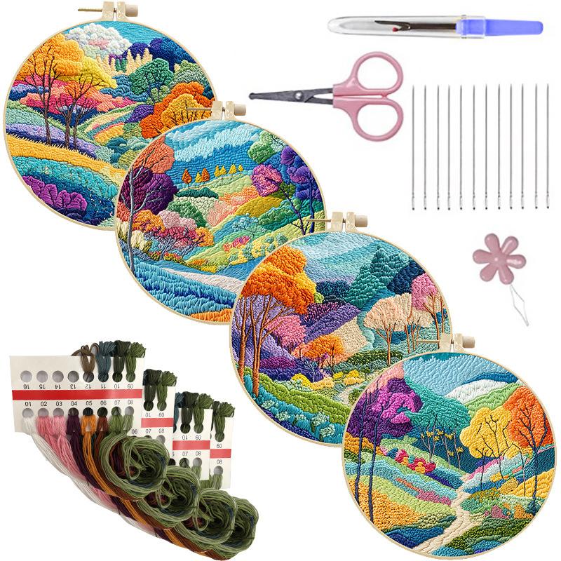 1pc Pastoral Landscape Pattern Embroidery DIY Fabric Craft Kit with Tools