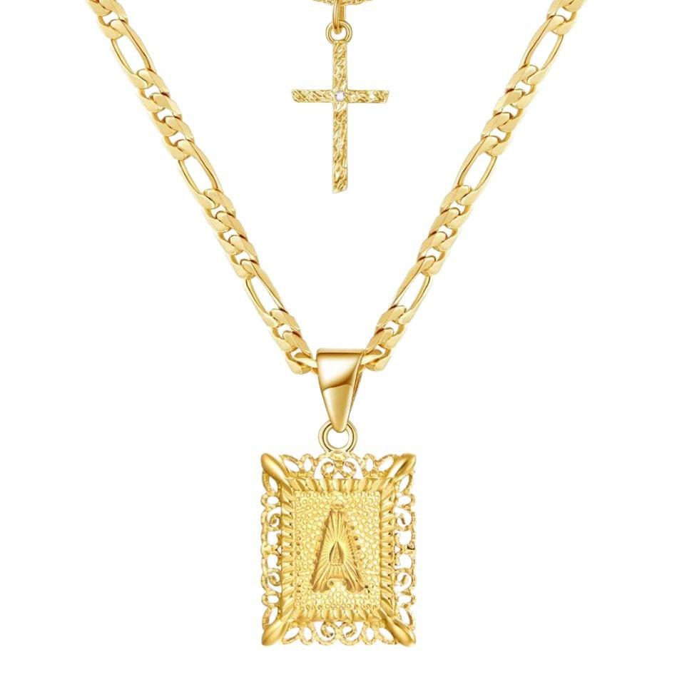 Gold Layered Initial Cross Necklace, 14K Gold Plated Layering Square Letter Pendant Figaro Chain Cross Choker From A-Z Capital Jewelry for Women Girls A золотой