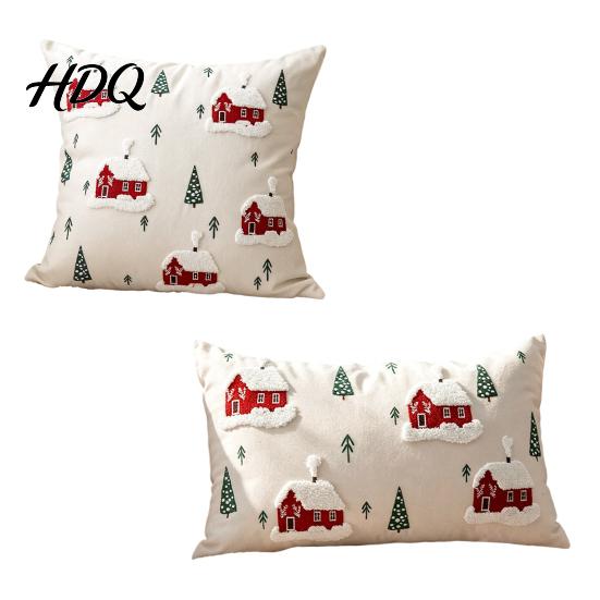 Washable Farmhouse Cushion Shells Christmas Cottage Cover Red Snowy House Pillowcase Decorative Covers Throw Pillow Case for Sofa Couch Home Decor