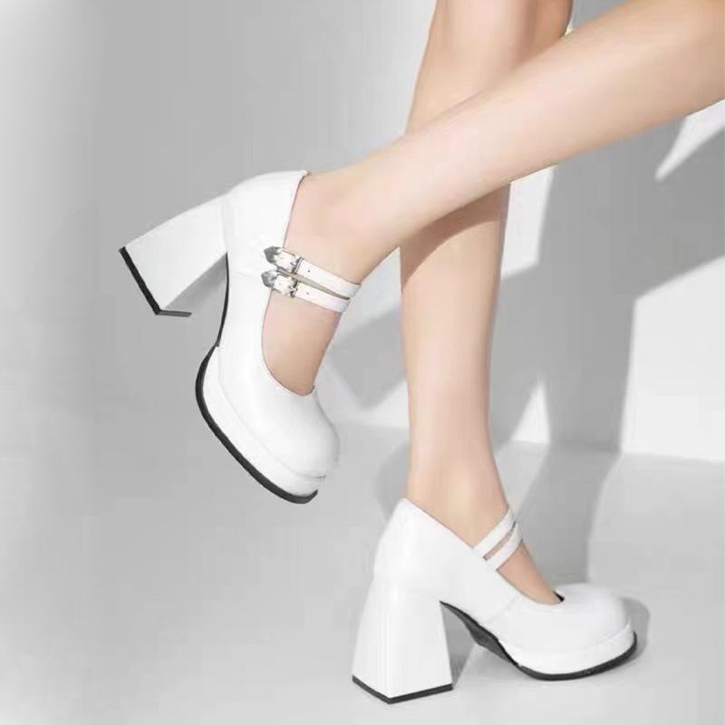 One-word buckle single shoes women's black thick heel high heels French Mary Jane shoes platform spring and summer new wedding dress bridesmaid shoes