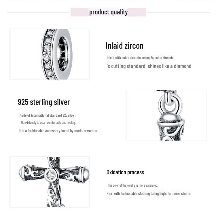 Avle S925 Sterling Silver Retro Cross Pendant Bracelet with European & American Fashion Beads