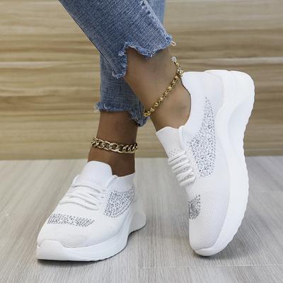44Zapatillas de Mujer Verano Talla Grande Transpirables Tejidas Zapatillas de Running para Mujer Zapato Vulcanizado Pedrería Casual con Cordones 2024