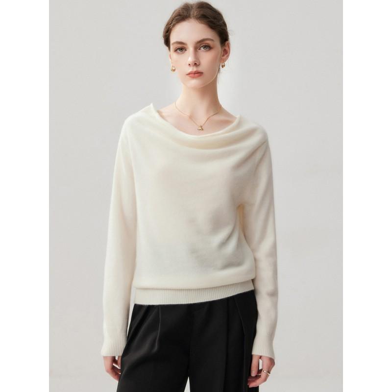 Womens Cashmere Blend Sweater With Batwing Sleeves Loose Fit Turtleneck-Free Boat Neck Knit Top Winter