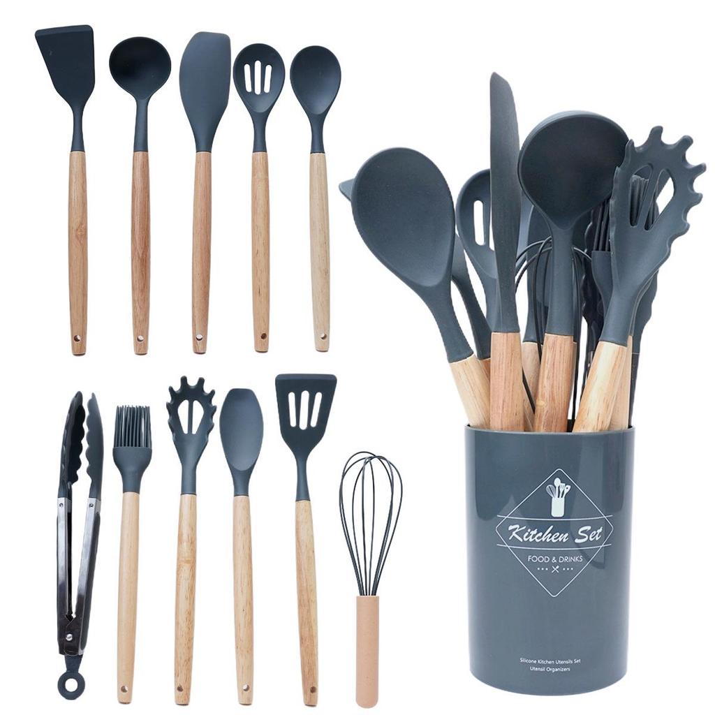 14-Piece Wooden Handle Silicone Kitchen Utensil Set with Storage Bucket for Non-Stick Cookware