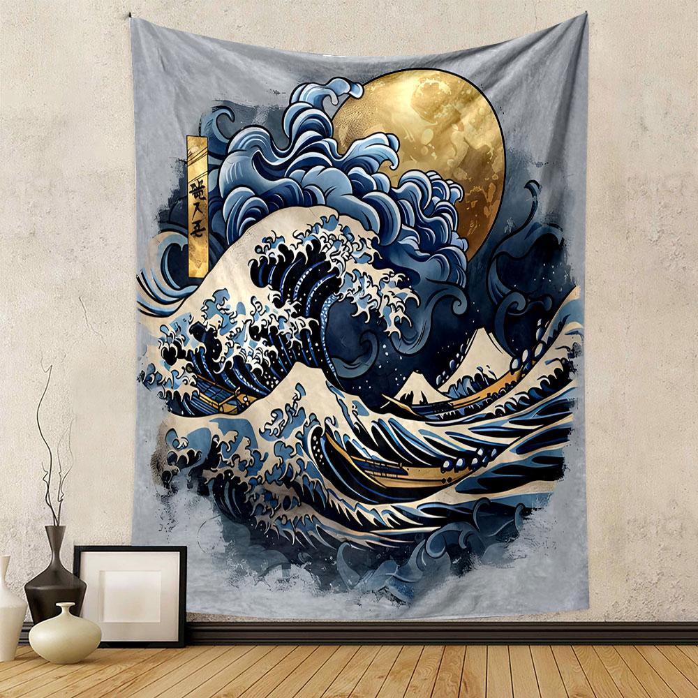 Golden Moon Over Ocean Waves Artwork Patterned Tapestry Decorative Wall Hanging, Home Bedroom Living Room Decor