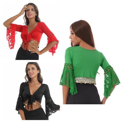 Dames buikdanskostuum Kant Patchwork Driekwart Wijde Mouw Bel Kralen Kwastje Vetersluiting Sjaal Croptop Vest