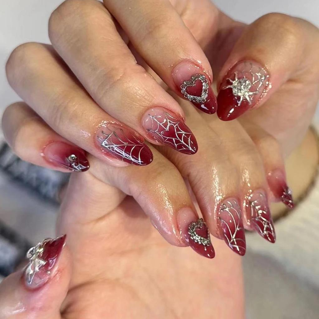 24Pc French Almond Gradient Red Press On Nails With Glue Simple Star Design Full Cover False Nail Tips
