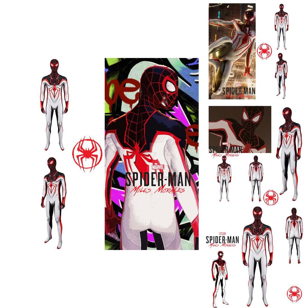 Costume Cosplay di Marvel's Spider-man Miles Morales Tuta Bianca a Corpo Intero