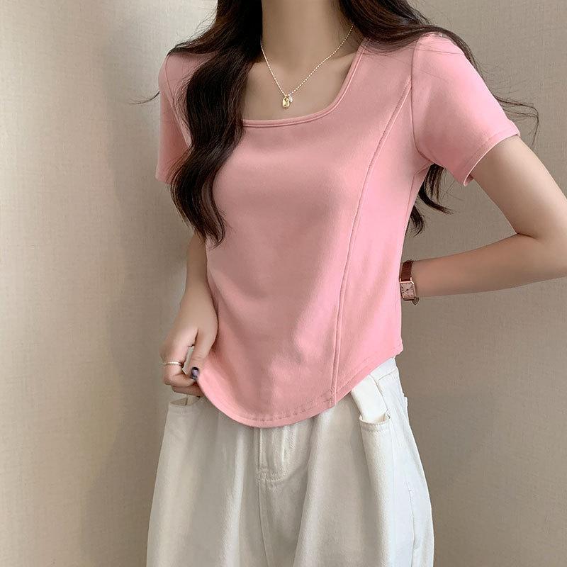 Square Collar Short-sleeved T-shirt Women's Summer New Design Sense Thin Irregular Solid Color Fishbone Short Top
