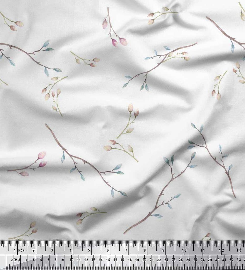 Soimoi Japan Crepe Satin Fabric Leaves & Buds Flower Print Fabric by the metre 42 Inch