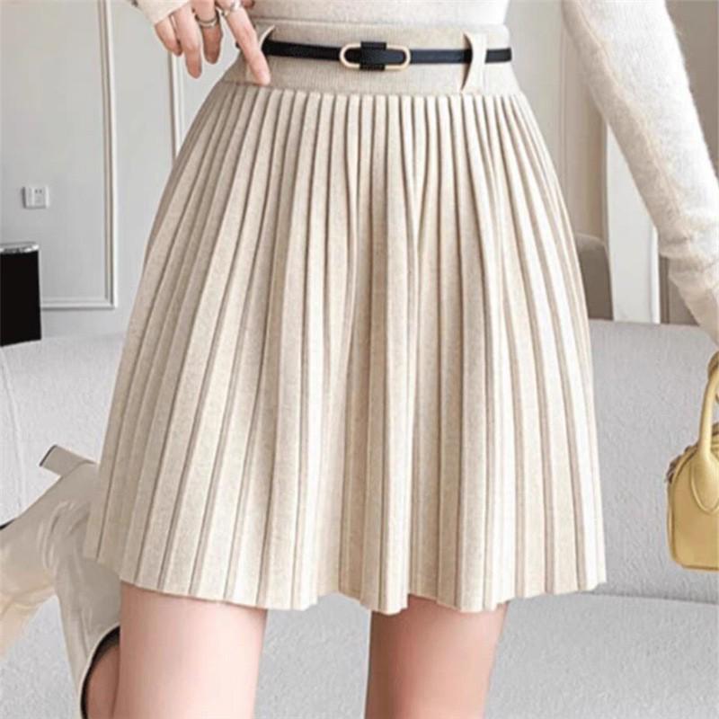 Minirock aus plissiertem Strick mit hoher Taille und Gürtel - Vielseitig, schlankmachend, elastische A-Linie für den Herbst