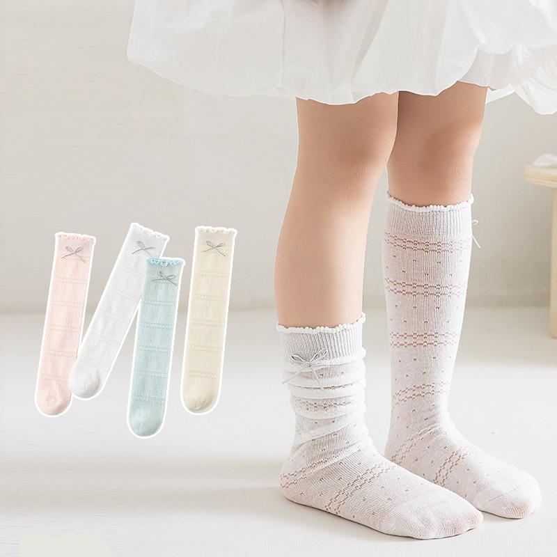 Girls Summer Thin Mesh Socks Sweet Princess Bow Ruffle Breathable Hollow Solid Mid Tube Childrens Stockings