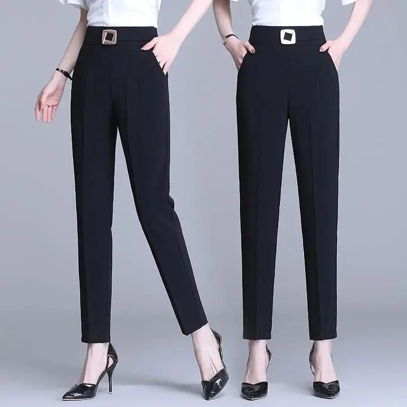 Trouser Suits Solid Color High Waisted Pockets Elastic Letter Sashes Rivet Casual Women's Clothing Spring Autumn Pants