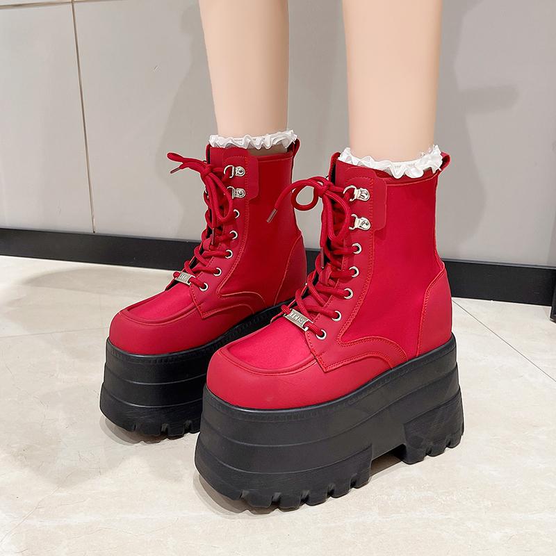 Fashion 13CM,17CM Women's Boots Autumn Women Ankle Boots Platform Wedges High Heels Booties New Fashion Design Red Cosplay Shoes Women