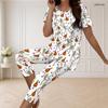Women Plus Size White Halloween Printed Round Neck Short Sleeve Top Capri Pants Two Piece Pajama Set