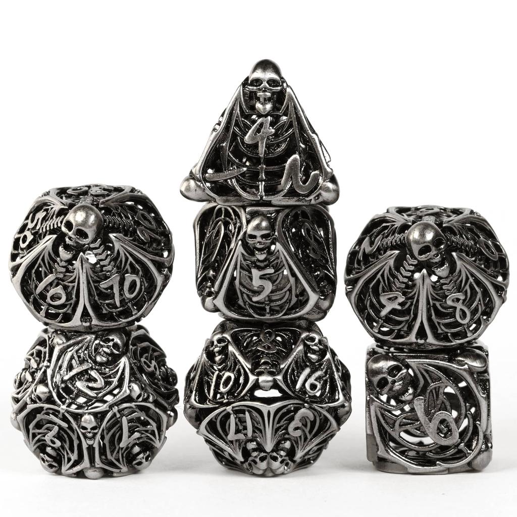 Cusdie Skelett Hohl DND Würfel Metall 7 Stück D4-D20 Polyedrisches Würfelset für Dungeons and Dragons Rollenspiel Pathfinder