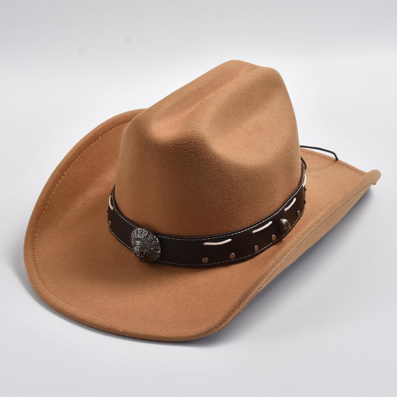 New Vintage Western Cowboy Hat with Punk Belt Men's Gentleman Cloche Church Caps Lady Roll Up Jazz Cowgirl Hats