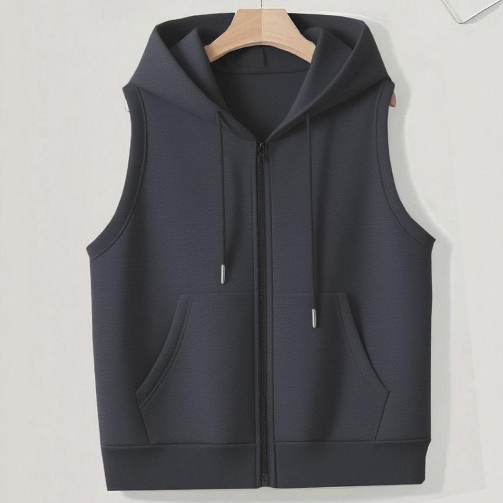 Women's Solid Color Plus Size Fashionable Hooded Drawstring Pocket Vest Top Jacket
