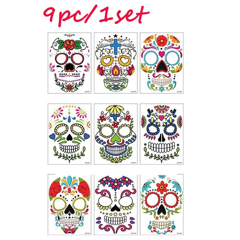 9pc/set Halloween Ghost Face Tattoo Sticker Waterproof Temporary Spooky Tattoos Dancing Party Decor Makeup Look Stickers