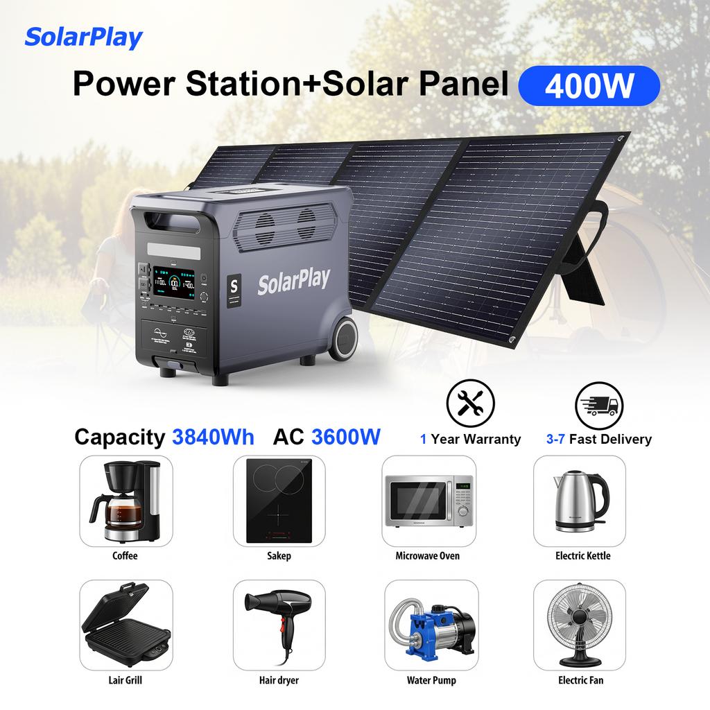 SolarPlay 3600W 3840Wh Portable Power Station with 400W Foldable Solar Panel Solar Generator Kit Camp Power Outdoor Power Bank