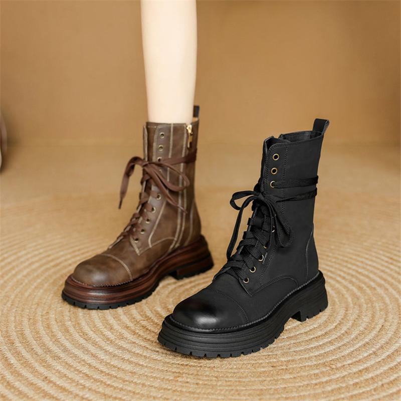 Fashion New Autumn/winter Split Leather Women Boots Round Toe Shoes for Women Fashion Boots Mid Heels Lace Mid-calf Boots Platform Shoes