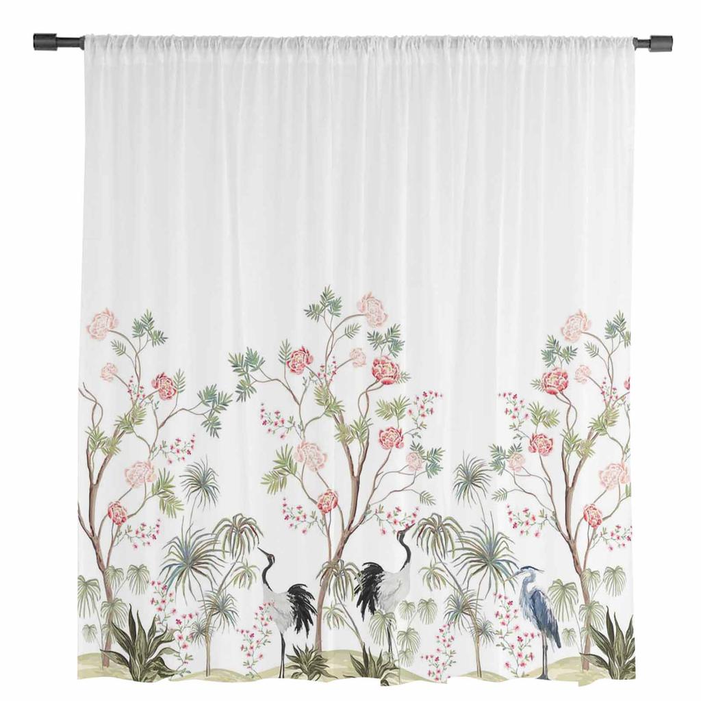 China Wind Crane Peach Tree Plant Palm Leaf Tulle Sheer Curtains For Living Room Bedroom Kitchen For Windows Voile Drapes
