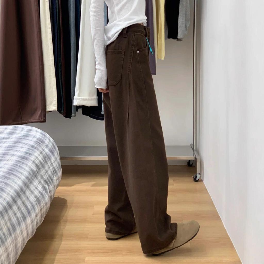 Women's High Waist Loose Fit Solid Color Wide Leg Jeans Warm Fleece Lined Straight Leg Denim Pants