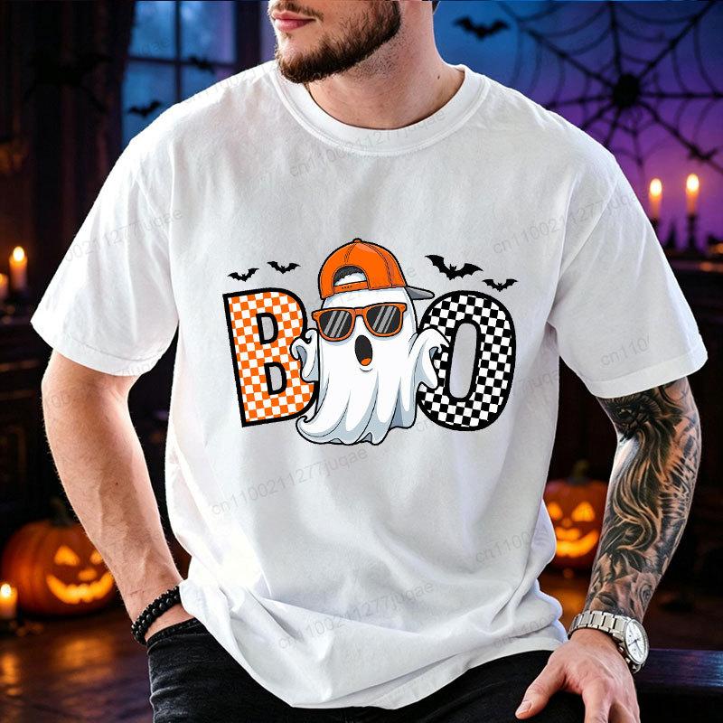 Men Women Funny Boo Cool Ghost Print T‑Shirt Trick or Treat Graphic Tees Halloween Party Costume Tops Spooky Season Gift T‑shirt