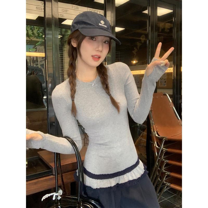 Designed Double-layered Round-neck Long-sleeved Bottoming Shirt with Earrings for Women In Autumn and Winter with T-shirt Slim Fit and Beautiful Top