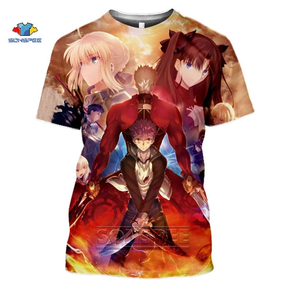 

SONSPEE Fate Stay Night футболка с 3d принтом, повседневные футболки Fate Zero с коротким рукавом, аниме, Harajuku, летний топ, мужская и женская одежда для спортзала M
