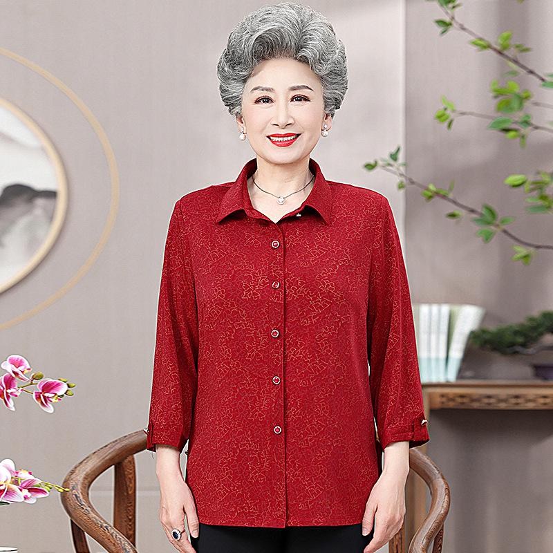 

Elderly Women s Three-Quarter Sleeve Lapel Shirt - Lightweight Summer Jacket for Mom or Grandma 5XL (for 150-165 jin) красный