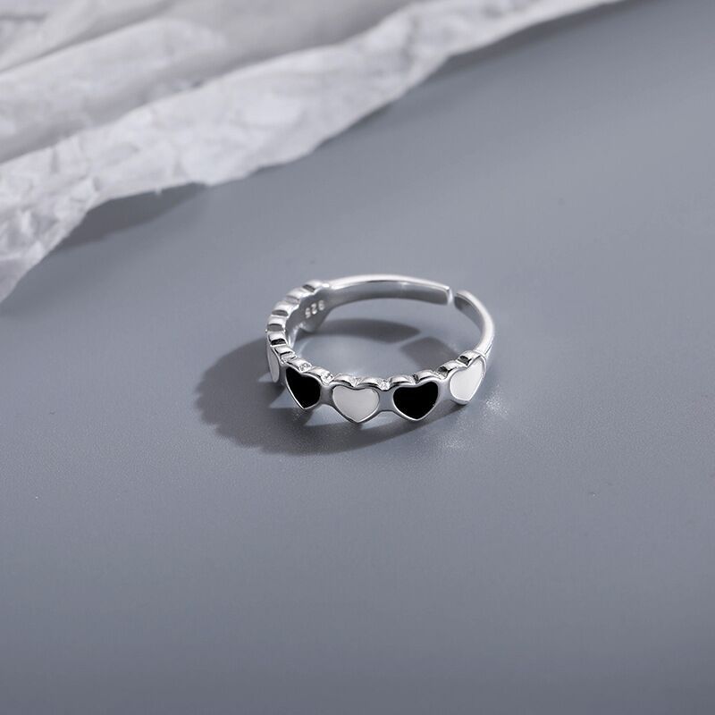 925 Sterling Silver Black And White Heart Connected Adjustable Rings For Women Engagement Wedding Vintage Jewellery Argent 925