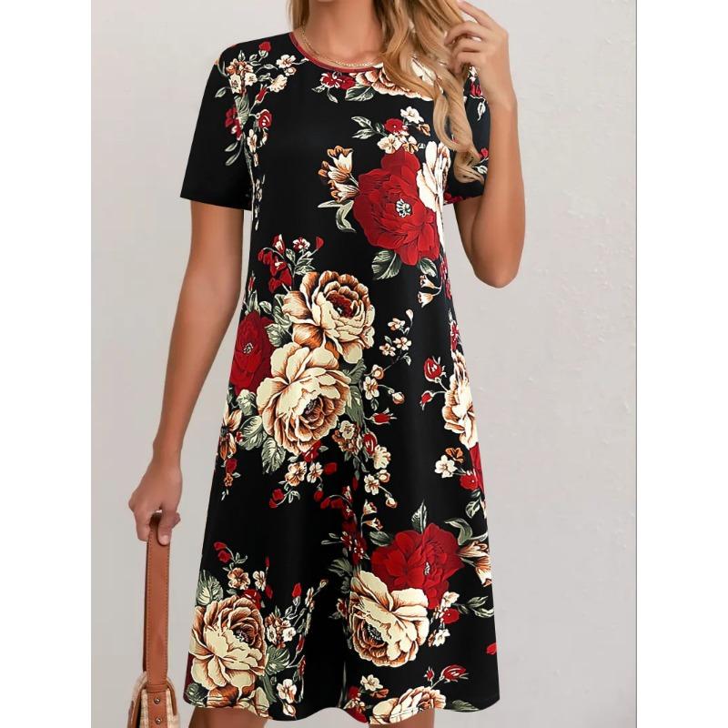 Damen Bedrucktes Kleid Elegant Mode Sommer Rundhals Kurzärmelig Locker
