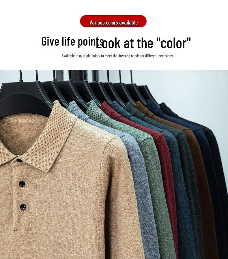Men's Lapel Solid Color Warm Knit Sweater - Thickened Wool, Cashmere Feel, 2025 Autumn/Winter Collection