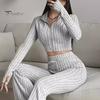 2 Pcs/Set Women Spring Commuting Outfit Top Flared Pants Set Zipper Closure Thread Stand Collar Coat High Waist Sport Tracksuit Elastic Daily Clothes