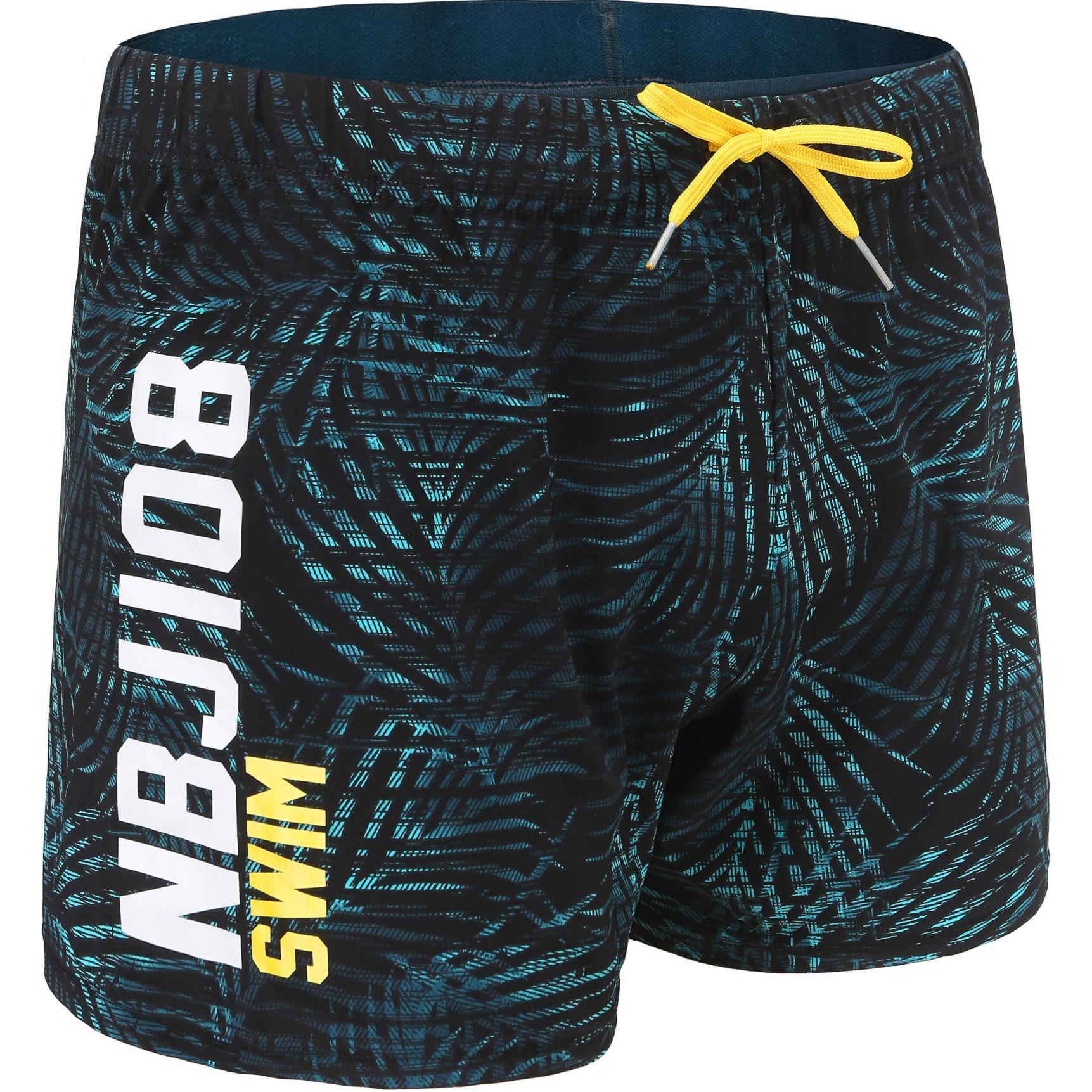 

DECATHLON Water Repellent Print Fashion Swim Trunks Men s Black/Turquoise Green/Sunshine Yellow L-XL