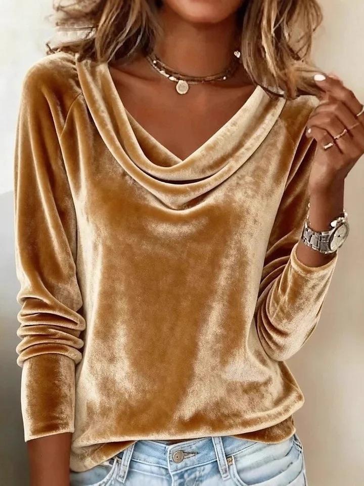 

European and American fashion women s clothing new solid color swinging collar long-sleeved sexy velvet T-shirt S золотой