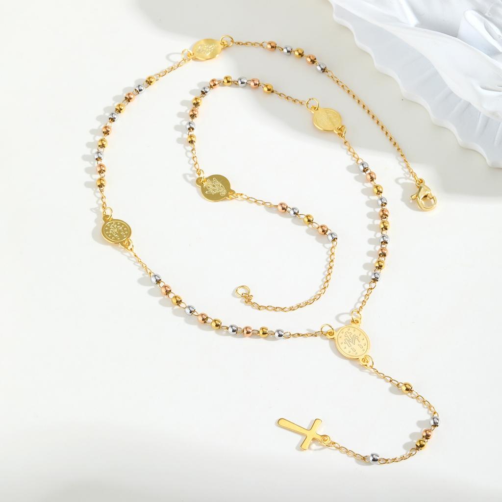 Stainless Steel Three-Color Rosary Virgin Oval Cross Y-Shaped Gold Necklace