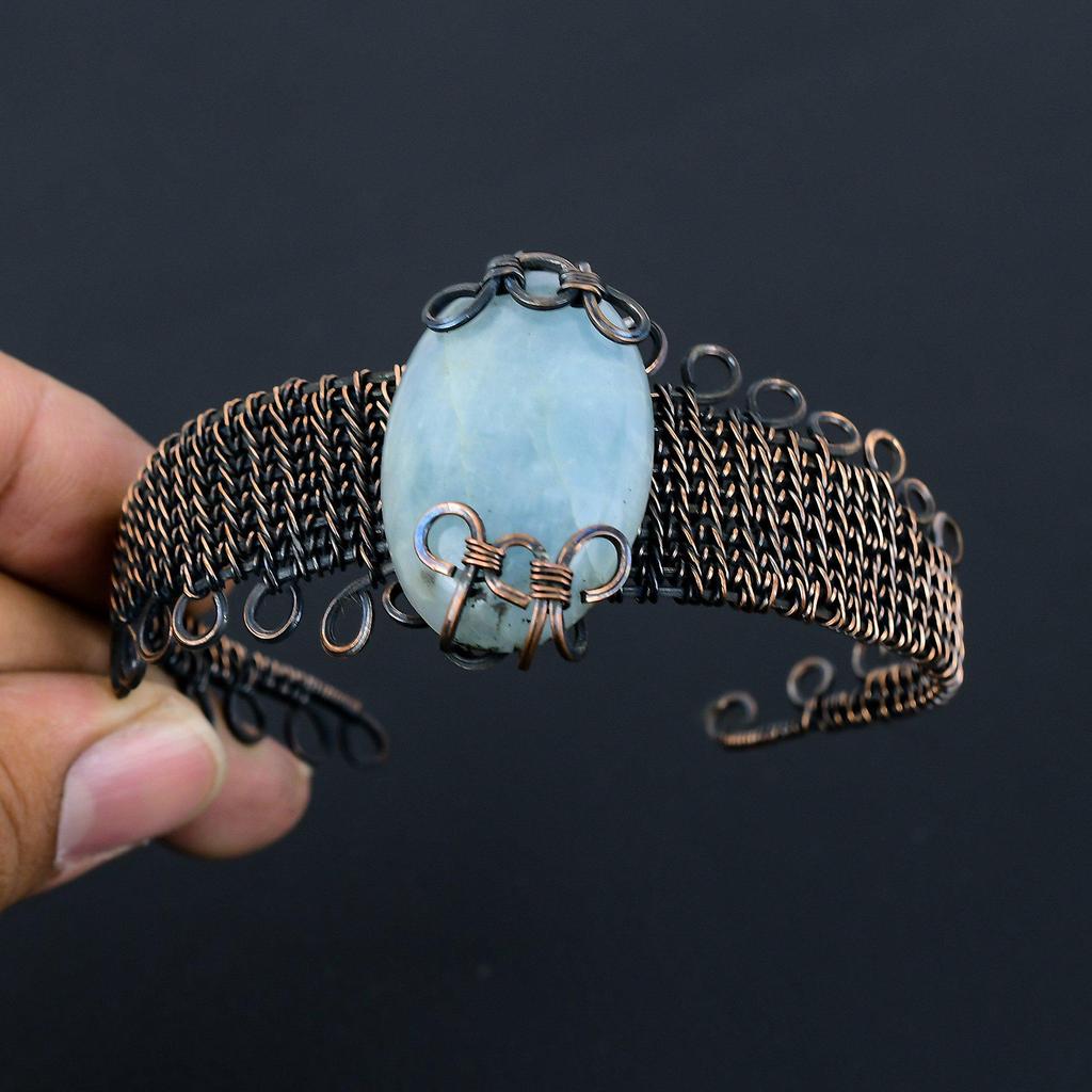 Unique Aquamarine Gemstone Pure Copper Wire Wrapped Handmade Cuff/ Bangle Jewelry