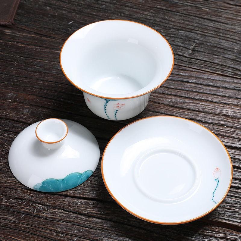 175ml Ceramic Sancai Gaiwan Hand-painted Lotus Tea Bowl