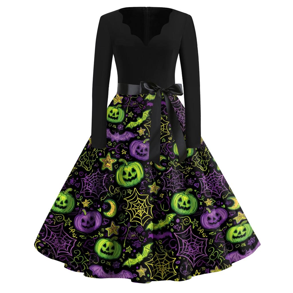 Women's Casual V Neck Halloween Print Vintage Dress Long Sleeve Retro Swing Skirt Belted Waistline Classic Fit Flared Hem