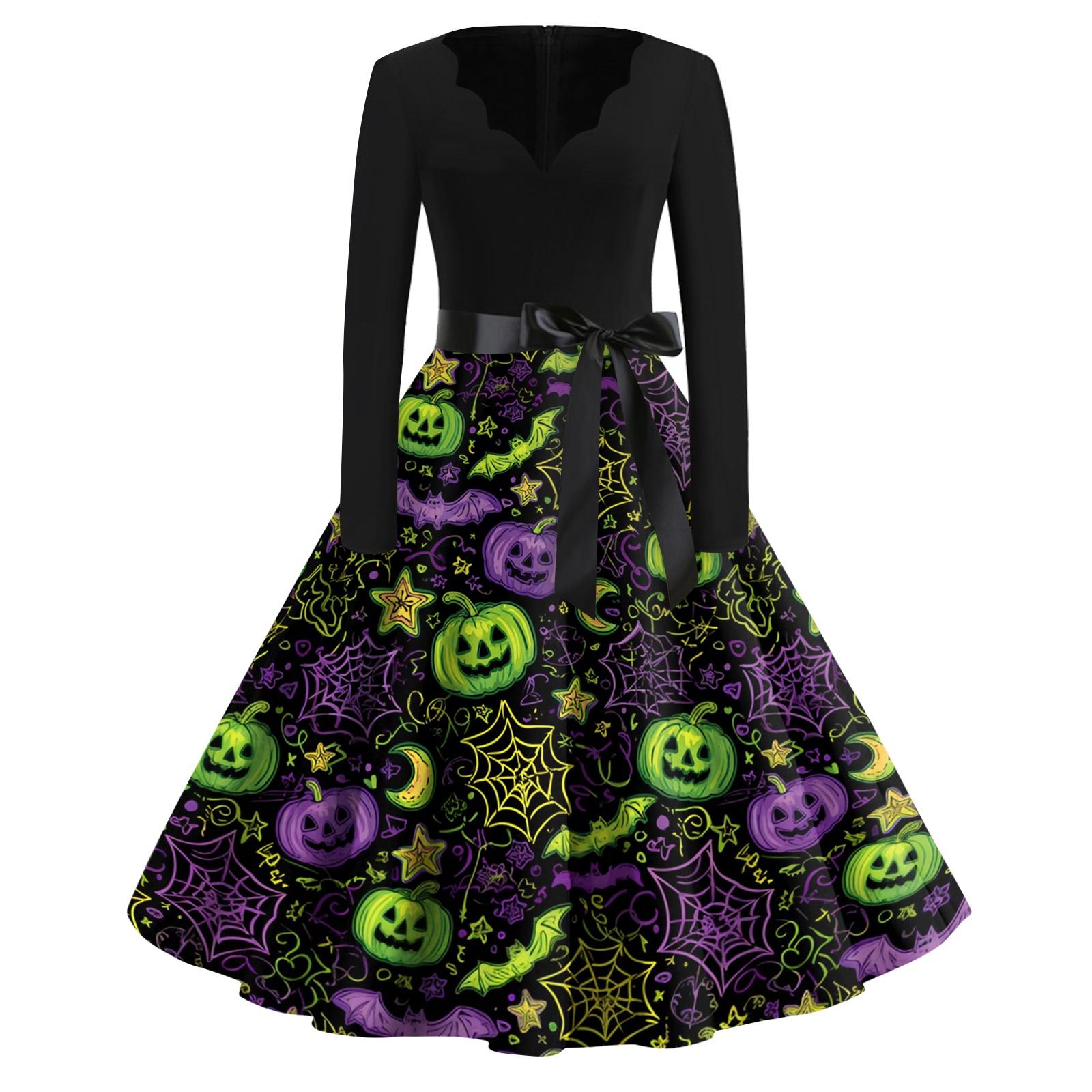 Women s Casual V Neck Halloween Print Vintage Dress Long Sleeve Retro Swing Skirt Belted Waistline Classic Fit Flared Hem XXXXL зелёный