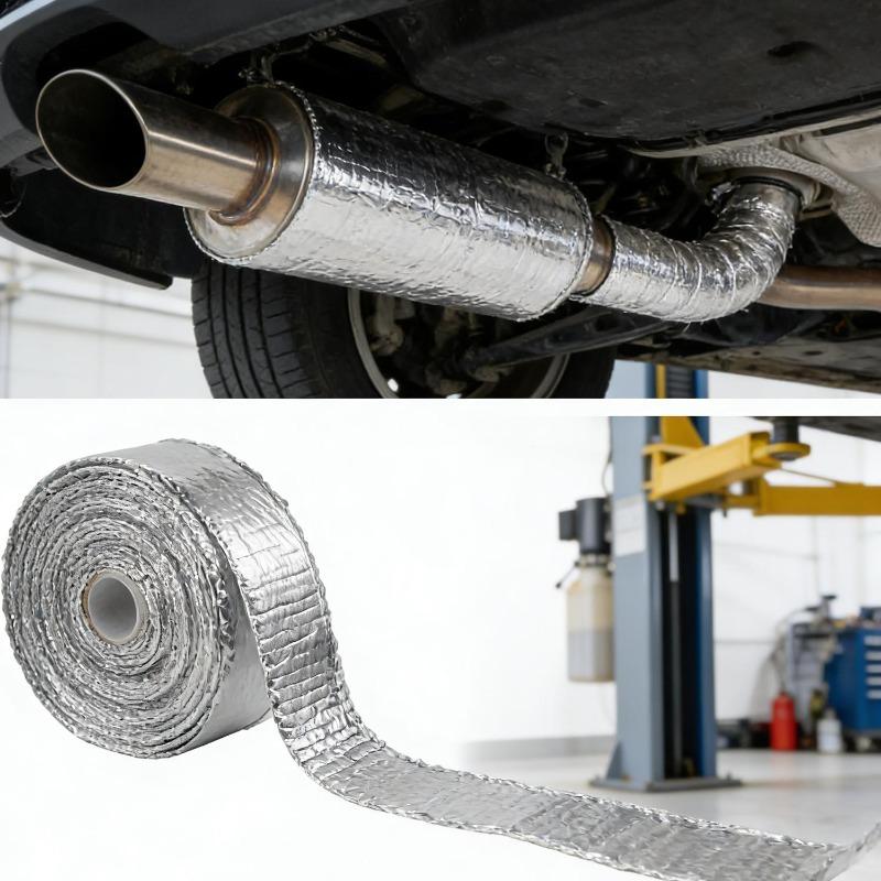 Nastro Termico per Silenziatore Moto Fascia Scarico Heat Wrap Scudo Termico in Fibra di Vetro Isolamento con Fascette in Acciaio Inox Foglio di Alluminio 5M
