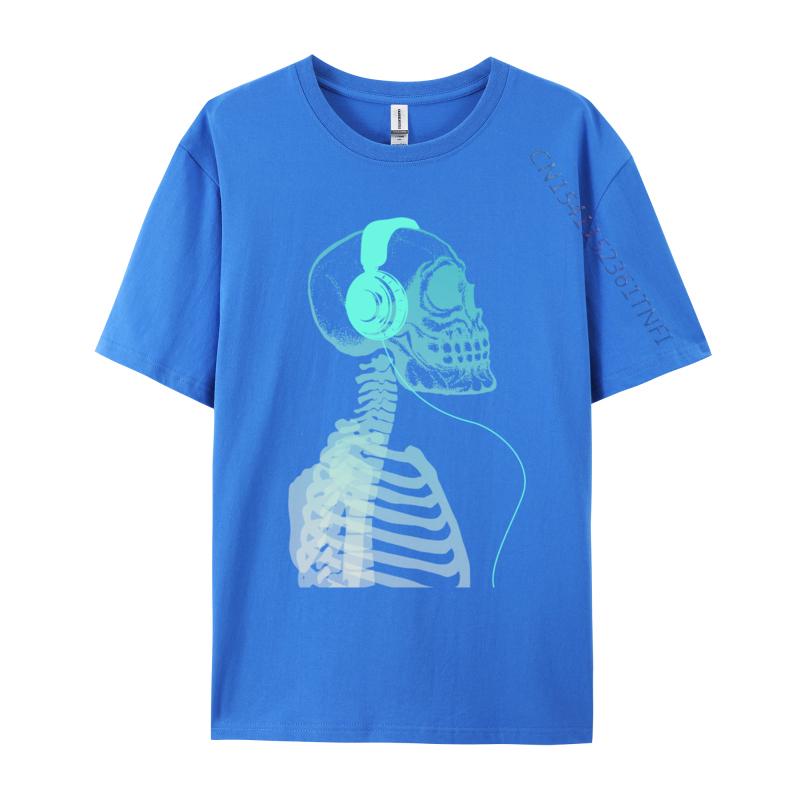 Skeleton Listening To Music With Headphones On His Skull T Shirt Black Vintage T-Shirt Pure Cotton Unique Camisas Hombre