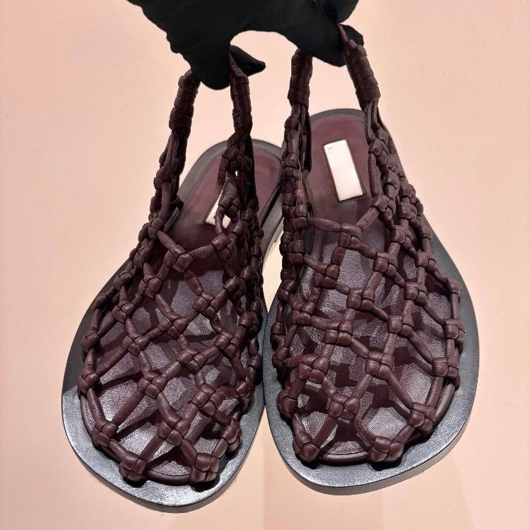 Cowhide version~ mesh hollow breathable sandals fishing net woven bag head back strap half slippers flat Roman sandals