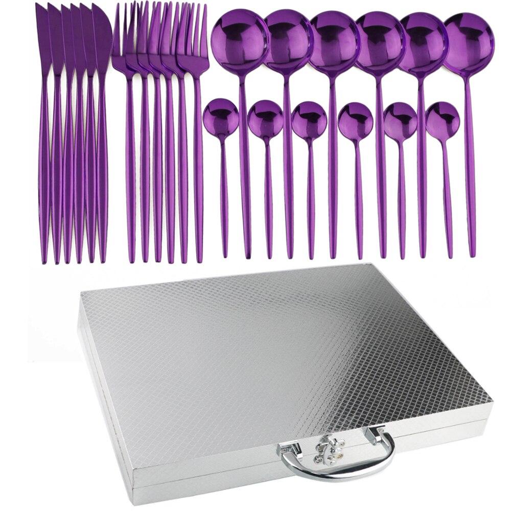 Sada 24 kusů černého nádobí Sada luxusních příborů Sada nádobí z nerezové oceli 304 Vidlička Lžíce Nůž Nádobí Stříbrné nádobí s dárkovou krabičkou